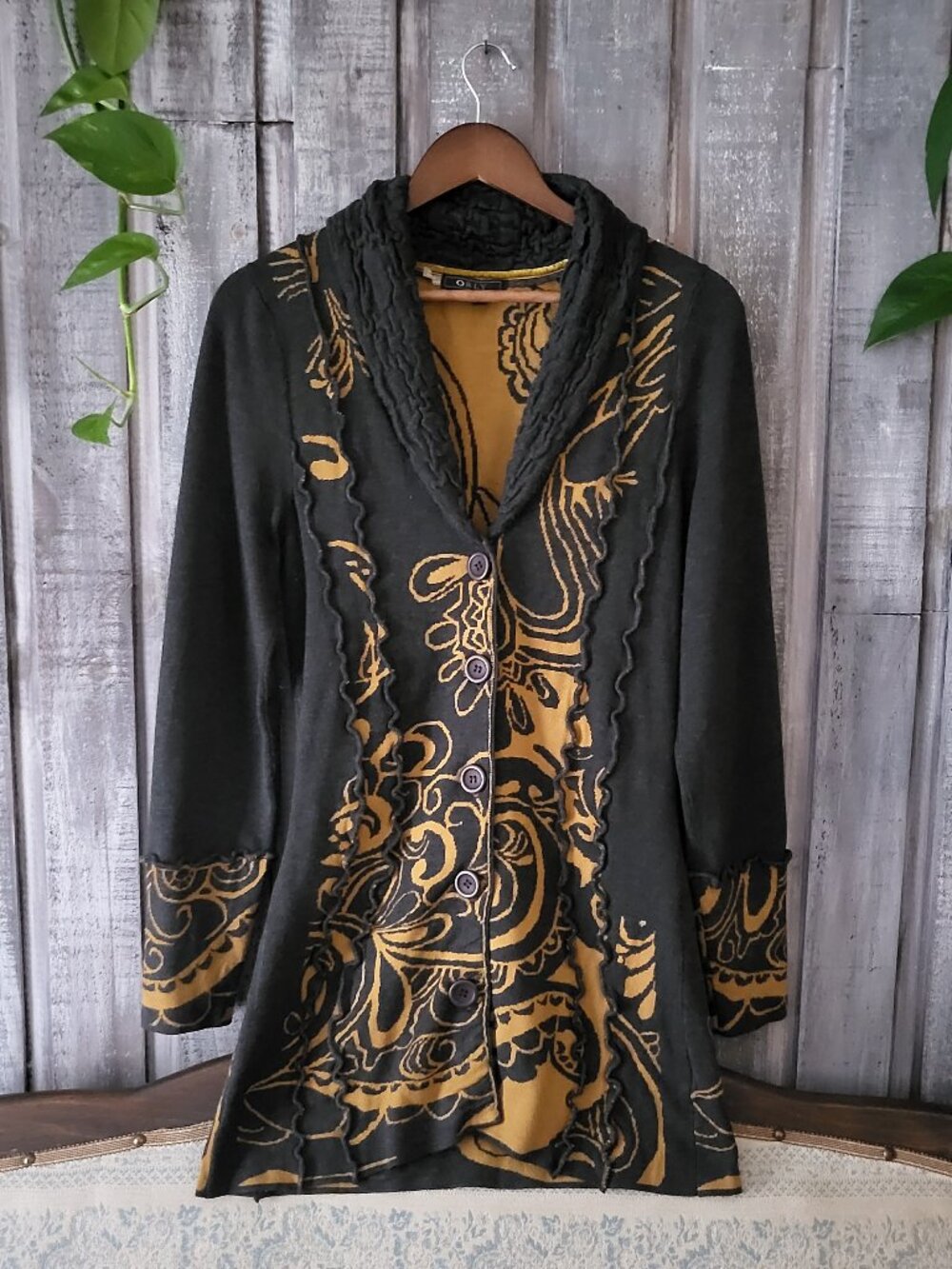 ORLY Baroque Gold Paisley Knit Longline Cardigan Jacket Sweater Duster Size M
